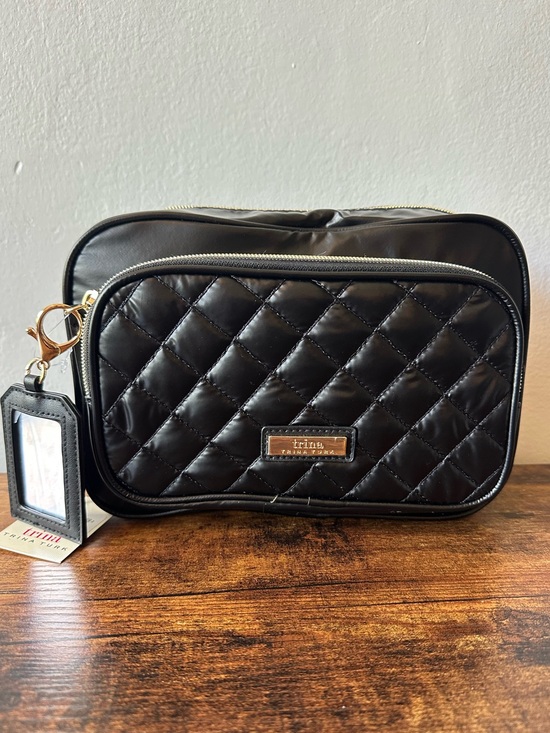 Trina Turk Handbags - Trina Turk Black Quilted Cosmetic Toiletry Bag with Gold Zip Keychain Mirror NWT